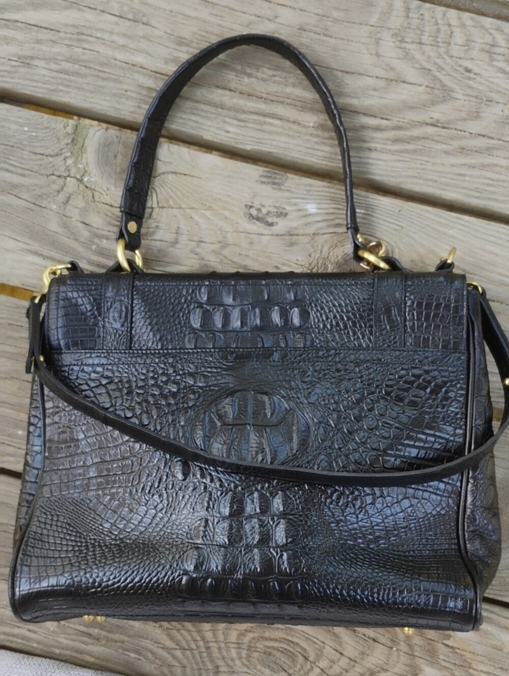 Brahmin Black Croc-Embossed 3 Compartment Messenger Bag/:Satchel - Picture 3 of 14